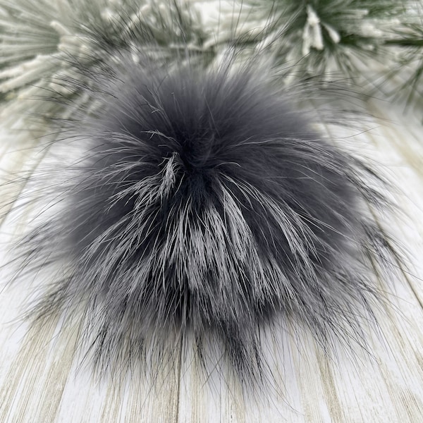 6-7'' Dark Grey Fur pompom for beanie handbags hats keychain Natural fur poms MADE in USA