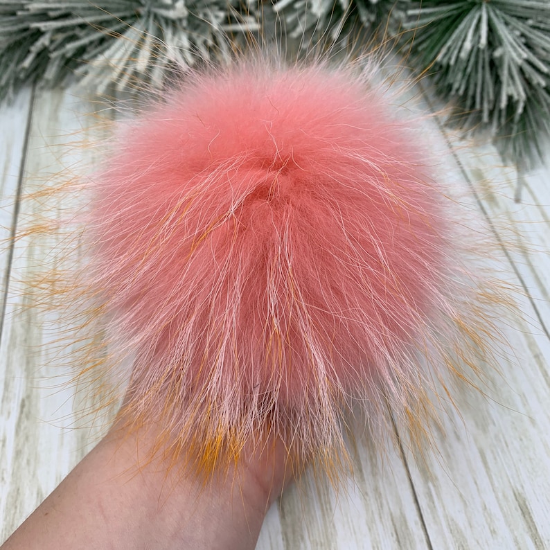 Flamingo Pink With Fire Tips Real Raccoon Fur Pom Pom 7\u201d Fur Poof