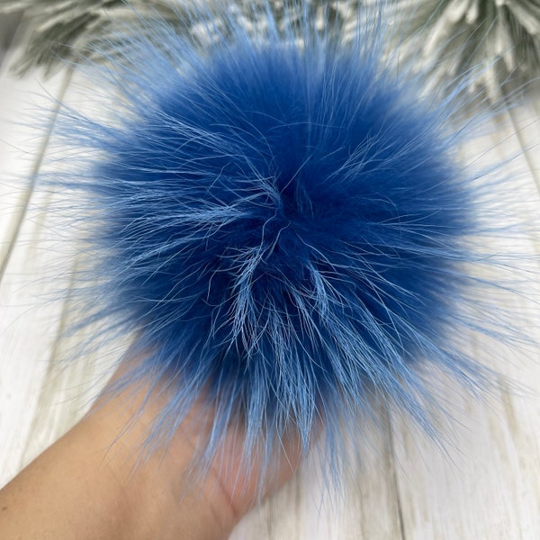 5-6'' Azure Blue Fur pompom for beanie handbags hats keychain Natural fur poms MADE in USA