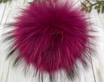 Fuchsia Color Fur pompom for beanie handbags hats keychain 6-7'' Large natural fur poms MADE in USA