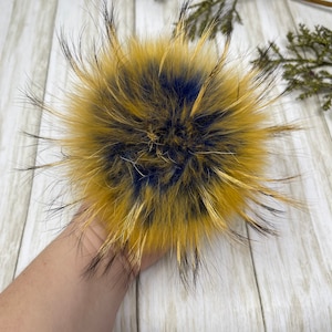 Blue and Gold Fur pompom for beanie handbags hats keychain 6&#39;&#39;  Large natural fur poms  MADE in USA