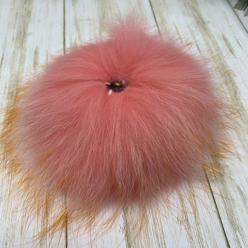 Flamingo Pink With Fire Tips Real Raccoon Fur Pom Pom 7\u201d Fur Poof