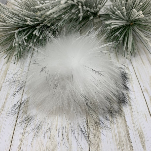 6” Large Real Fur Pompom. White Pompom with Black Ends. Natural Raccoon Fur Pompom for Hats, Purses, Scarves, Keychains and Beanie.