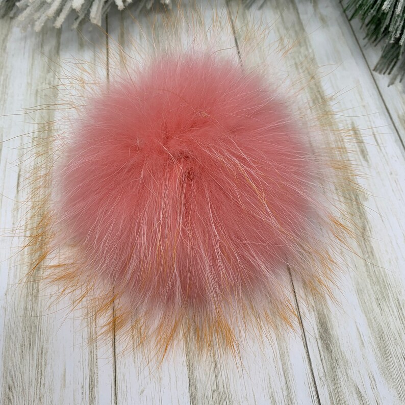 Flamingo Pink With Fire Tips Real Raccoon Fur Pom Pom 7\u201d Fur Poof