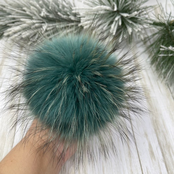 6-7'' Jungle Green color Fur pompom for beanie handbags hats keychain Natural fur poms MADE in USA