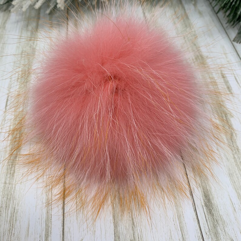 Flamingo Pink With Fire Tips Real Raccoon Fur Pom Pom 7\u201d Fur Poof