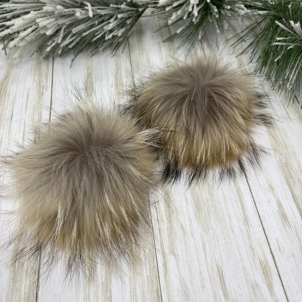 CLEARANCE Set of 2 raccoon fur pompoms with snaps 5-6'' diameter MADE in USA