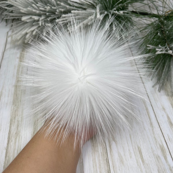 6-7'' White  Fur pompom for beanie handbags hats keychain Natural fur poms MADE in USA