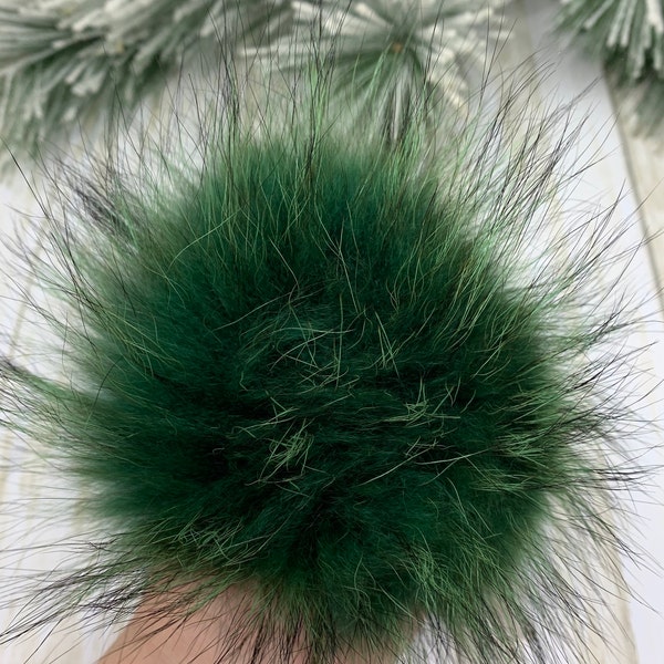 7” Large Emerald Genuine Raccoon Fur Pompom. Real Raccoon Fur Pom Pom with ties. Huge Pompom For Hats, Purses and Keychains. Natural Fur Pom