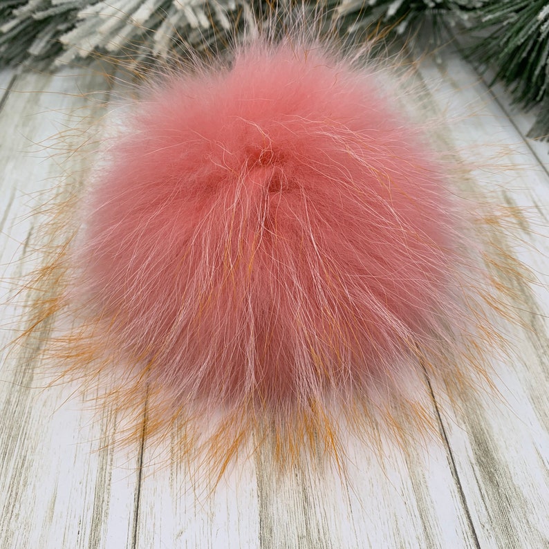 Flamingo Pink With Fire Tips Real Raccoon Fur Pom Pom 7\u201d Fur Poof