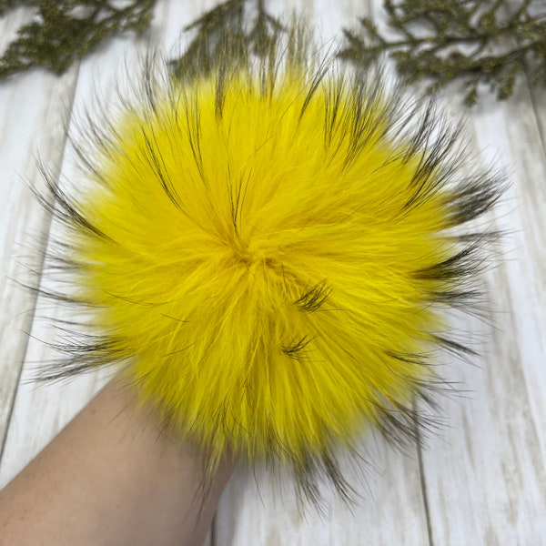 Yellow Fur pompom for beanie handbags hats keychain 6-7'' Large natural fur poms MADE in USA