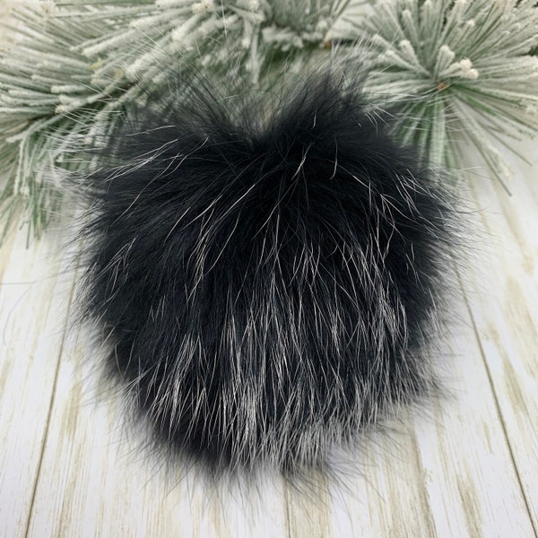 Huge 7” Real Raccoon Fur Pompom. Natural Fur Pom Pom For Hats, Purses, Scarves and Beanie. Large Real Fur Pompoms. Black Pompom Ships fast.