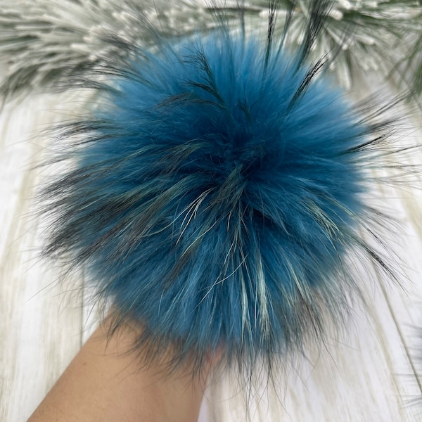 5-6'' Peacock Blue color Fur pompom for beanie handbags hats keychain Natural fur poms MADE in USA