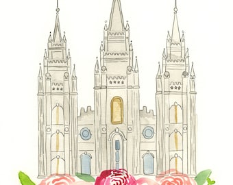 Watercolor art of Salt Lake City Utah LDS Temple- Digital Print, SLC, Watercolor Temple Print, Easter gift, Wedding gift