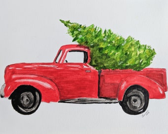 Vintage Red Truck with Christmas Tree- Hand-Painted watercolor art