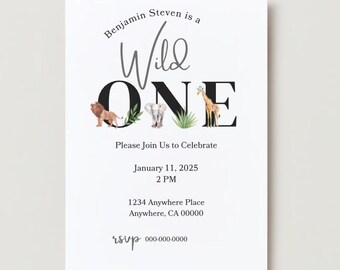 Gender Neutral "Wild One" First Birthday Safari Jungle Digital Invitation