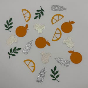 May include: A collection of orange fruit slices, whole oranges, green leaves, baby bottles, and baby onesies. The baby bottles and onesies are covered in silver glitter. The oranges are a solid orange color.
