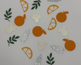 Confeti cítrico para baby shower / Pequeño/a adorable / Decoración de mesa con temática naranja, bodys, biberones y hojas.