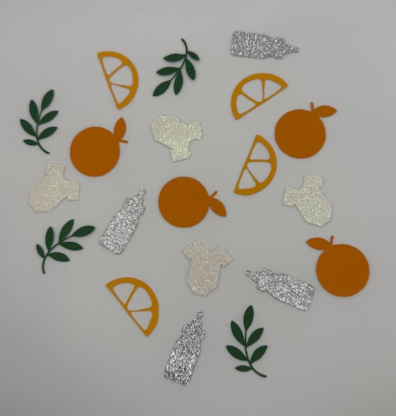 Citrus Baby Shower Confetti | Little Cutie | Orange Theme Table Scatter, Onesies, Bottles, Leaves