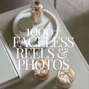 May include: A light grey table with two glasses of iced coffee, a small white book, a glass jar with a cork lid, and a glass bottle filled with white matchsticks. The text "1000+ FACELESS REELS & PHOTOS" is written in white on the table.