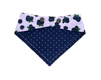 Pet Bandana - Reversible, Snap closure, Curved neck - Blueberries and Blue polka dots