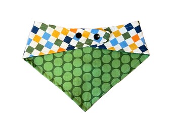 Pet Bandana - Reversible, Snap closure, Curved neck - Checkers and Green polka-dots