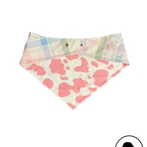 Pet Bandana - Reversible, Snap closure, Curved neck - Pink Cow Print and Pastel
