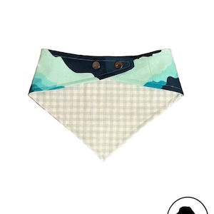 Pet Bandana - Reversible, Snap closure, Curved neck - Mountain scape and Blue plaid