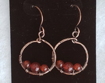 Copper wire wrapped hoop earrings with carnelian beads, lightweight carnelian earrings, copper or stainless steel earring hooks available