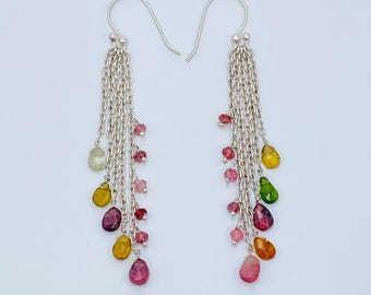 Handmade 925 Sterling Silver Multi Tourmaline Dangle Earrings