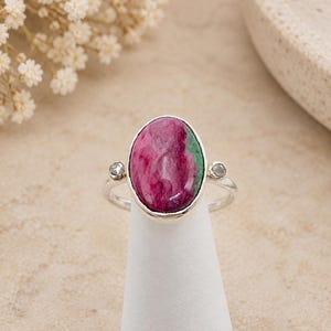 Handmade 925 Sterling Silver Ruby Zoisite Ring, Oval Gemstone Ring, Pave Diamond Accent, Natural Stone Jewelry