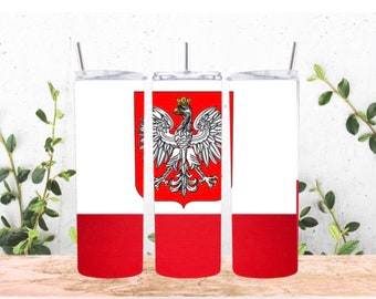 Polish 20 ounce Poland drinking glass tumbler cup with straw.