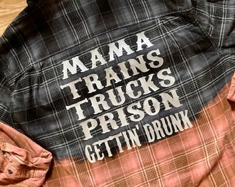 Mama Züge LKW-Gefängnis Gettin Drunk Country Western Mystery Color Distressed Flanellhemd