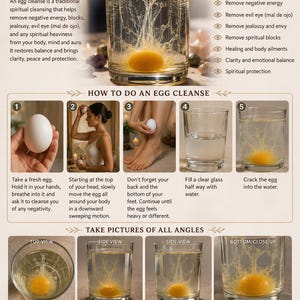 Może przedstawiać: Informatywna infografika zatytułowana EGG CLEANSE opisująca praktykę duchową. Zawiera centralnie umieszczoną szklankę wody z rozbitym jajkiem, instrukcje krok po kroku z numerowanymi zdjęciami oraz sekcje wyjaśniające cel i przebieg procesu.