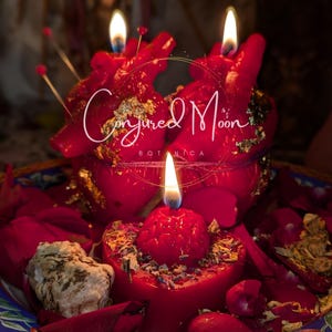 May include: Three red heart-shaped candles, two with gold accents and lit, on a blue and yellow patterned plate with red rose petals. The candles are labeled "Conjured Moon Botanica".