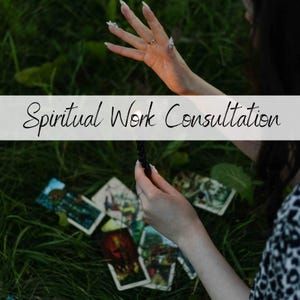 Puede incluir: Imagen de cartas de tarot sobre hierba verde, con una mano sosteniendo una varita. El texto "Spiritual Work Consultation" está superpuesto. La escena sugiere un tema místico o espiritual.