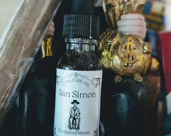 May include: A small glass bottle with a black dropper top and a white label that reads "CONJURE OIL San Simon Conjured Moon". The bottle is sitting on a gold coin with a dollar sign.