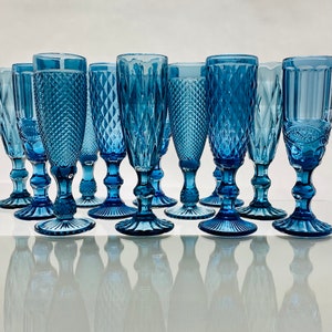 12 Mismatched Champagne flutes, champagne glasses, Wedding glasses, glasses, colored glasses, blue, flute glasses, blue champagne glasses