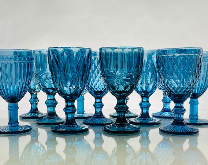 12 Mismatched Goblets, Wine Glasses, Wedding Goblets, Goblet Glasses, Colored Goblet, Blue