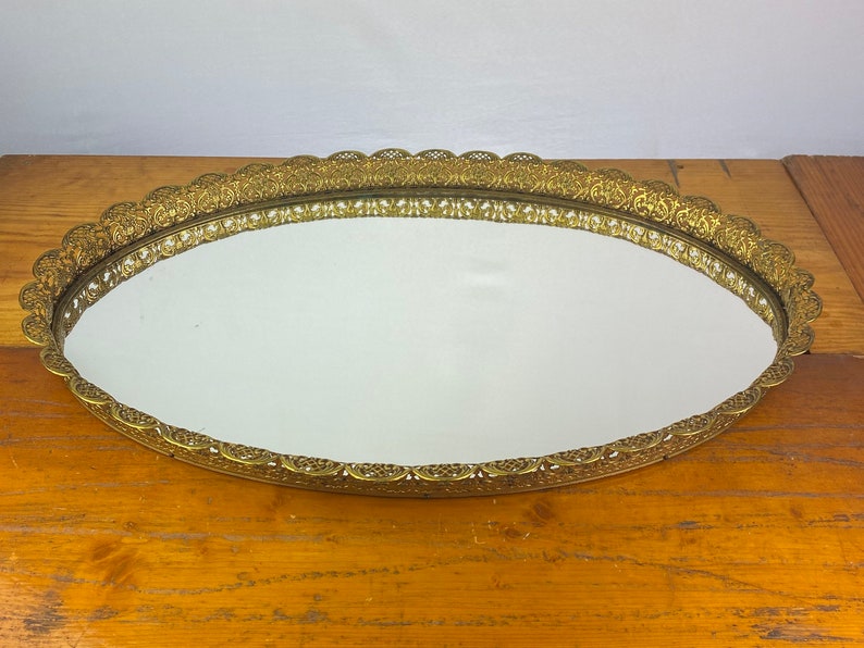 Extra large oval vintage mirrored tray with gold rim mirrored Etsy