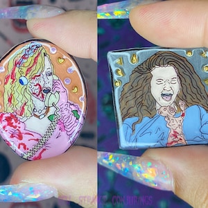Darlene & Becky Pins, Roseanne Inspired Pins, Hand Painted Halloween Pin, Handmade to Order Shrinky Dink Pin