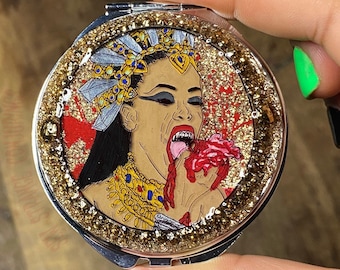 Queen of the Damned Inspired Compact Mirror, Handmade to Order Queen Akasha Pocket Mirror, Handpainted Handheld Travel Mirror, Horror Gift