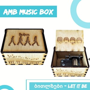 Caja de música de los Beatles • Melodía "Let It Be" • Diseño grabado de Abbey Road • Regalo personalizado con manivela de madera • Decoración rockera vintage • Tamaño pequeño