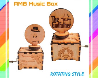 Il padrino rotante Music Box / Musica di Nino Rota / Manovella / Fatto a mano / Inciso / Legno / Scatola regalo vintage / Mafia boss Music Box