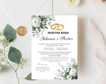 Invitación de boda española con vegetación moderna, imprimible y editable, plantilla digital, en blanco y dorado.