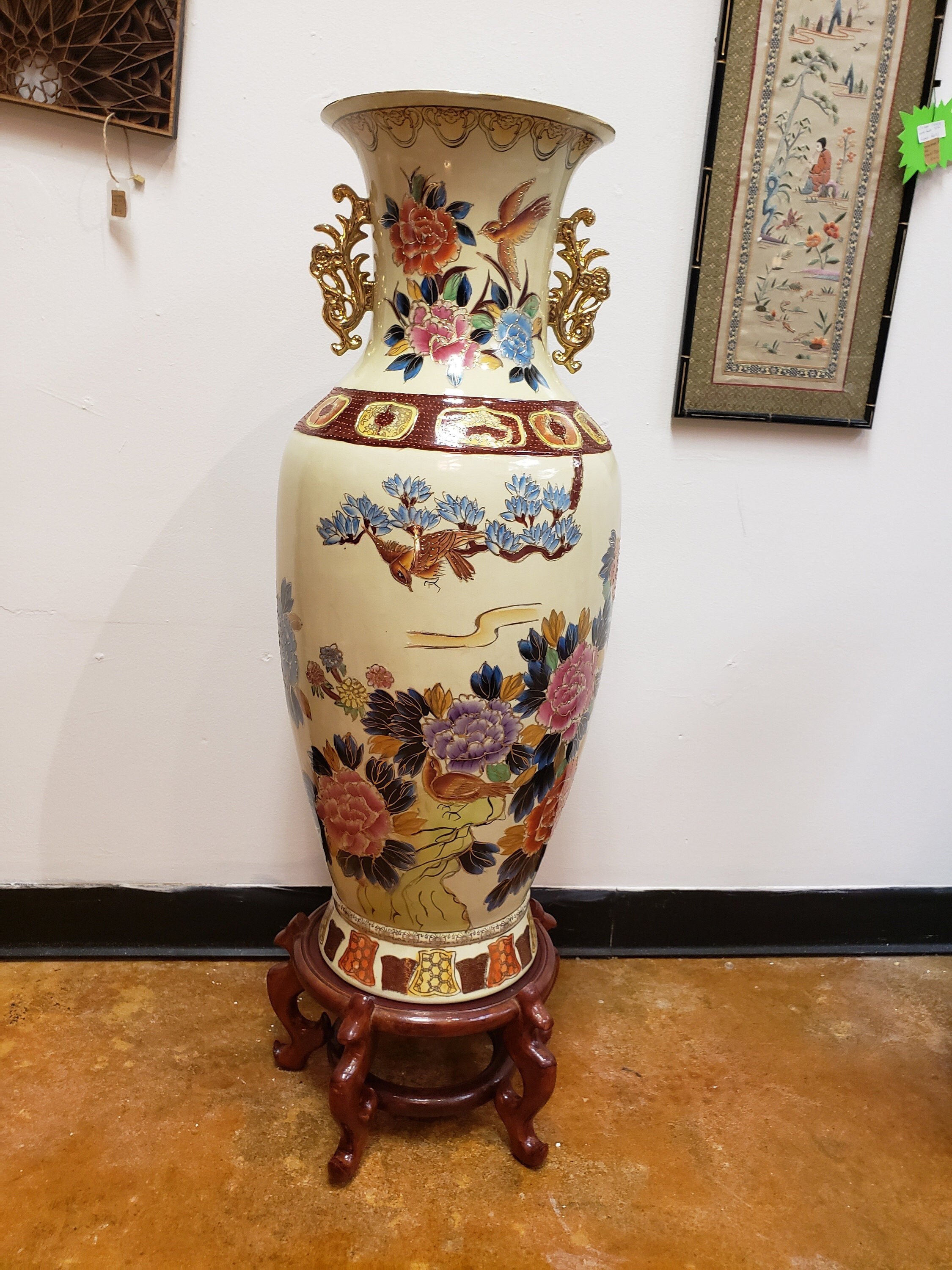 Tall 32 Inch Vase Vintage Floor Vase Metal Handle Birds - Etsy