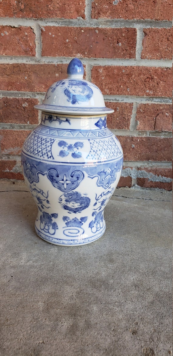 Pair Blue White Ginger Temple Jar Dragon Phoenix Happiness Chinese Chinoiserie