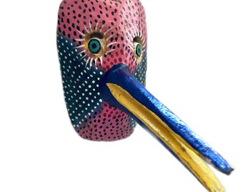 PINK GREEN  / Hummingbird Mexican Wood Mask Medium / 8 inch / interior design d/ ecorative Art handcraft / Gift