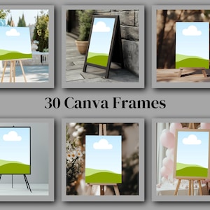 May include: A set of 30 Canva frames featuring a simple landscape design with a blue sky, white cloud, and green hills. The frames are displayed on easels in various settings, including a garden, a patio, and a room with balloons.