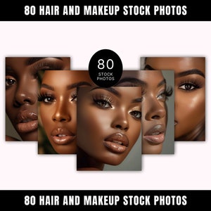 May include: A collection of close-up photos of a person's face with different makeup looks. The photos are arranged in a collage format. The text "80 STOCK PHOTOS" is visible in the centre of the image.